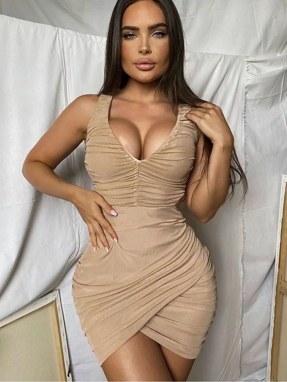 Fashion Nova Ruched V-Neck Bodycon Cutout Mini Dress in Beige